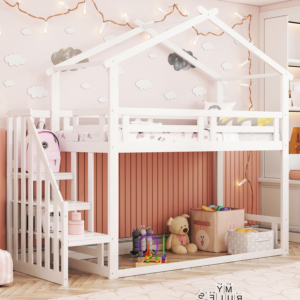 Sweiko Kinderbett 90x200cm, Niedriges Etagenbett mit Sicherheitstreppe, Etagenbettgestell aus Massivholz mit Lattenrost, weiß