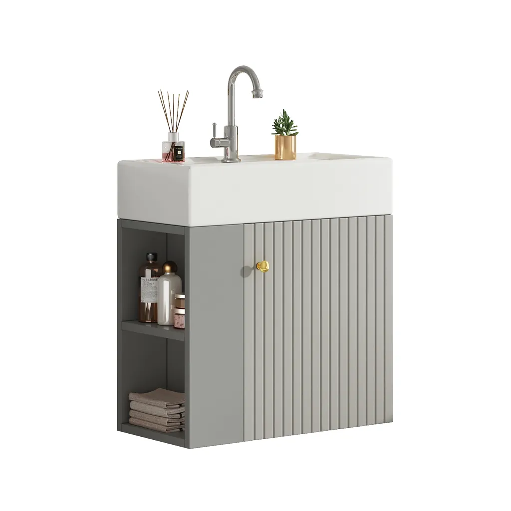 Vasque en céramique sur meuble gris 55 cm avec compartiments ouverts