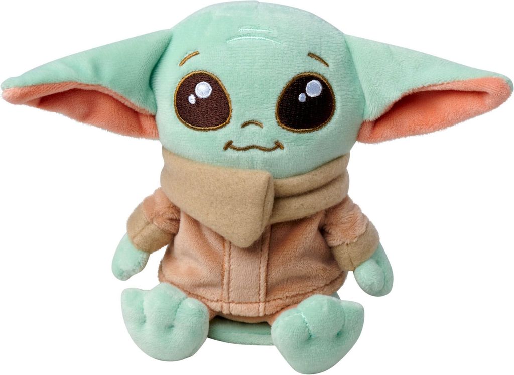 A plush toy of Grogu from Star Wars, sitting and facing forward.