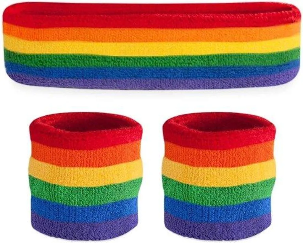 Ensemble 3 pièces bandeau et poignets arc-en-ciel pour sport et Pride