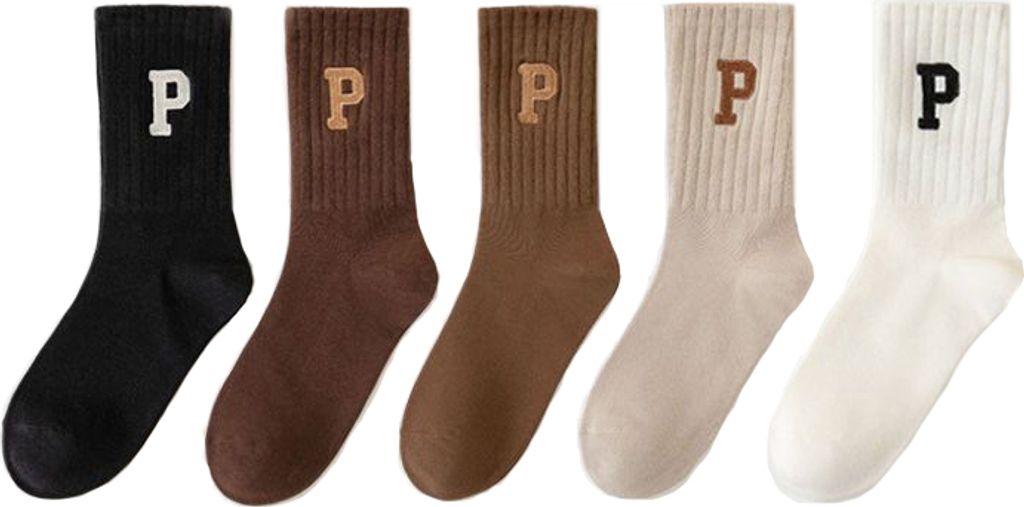 Five pairs of socks with the letter 'P' on them, arranged in a row.