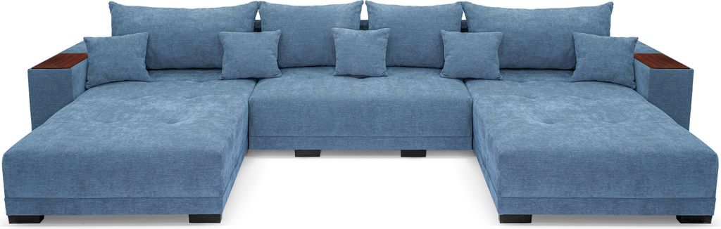 Allen U Ecksofa 360 x 185 cm, Sofa mit Schlaffunktion, Holzablage und Kissen, Ecksofa mit Bettkasten, U-Form für Wohnzimmer in Blau