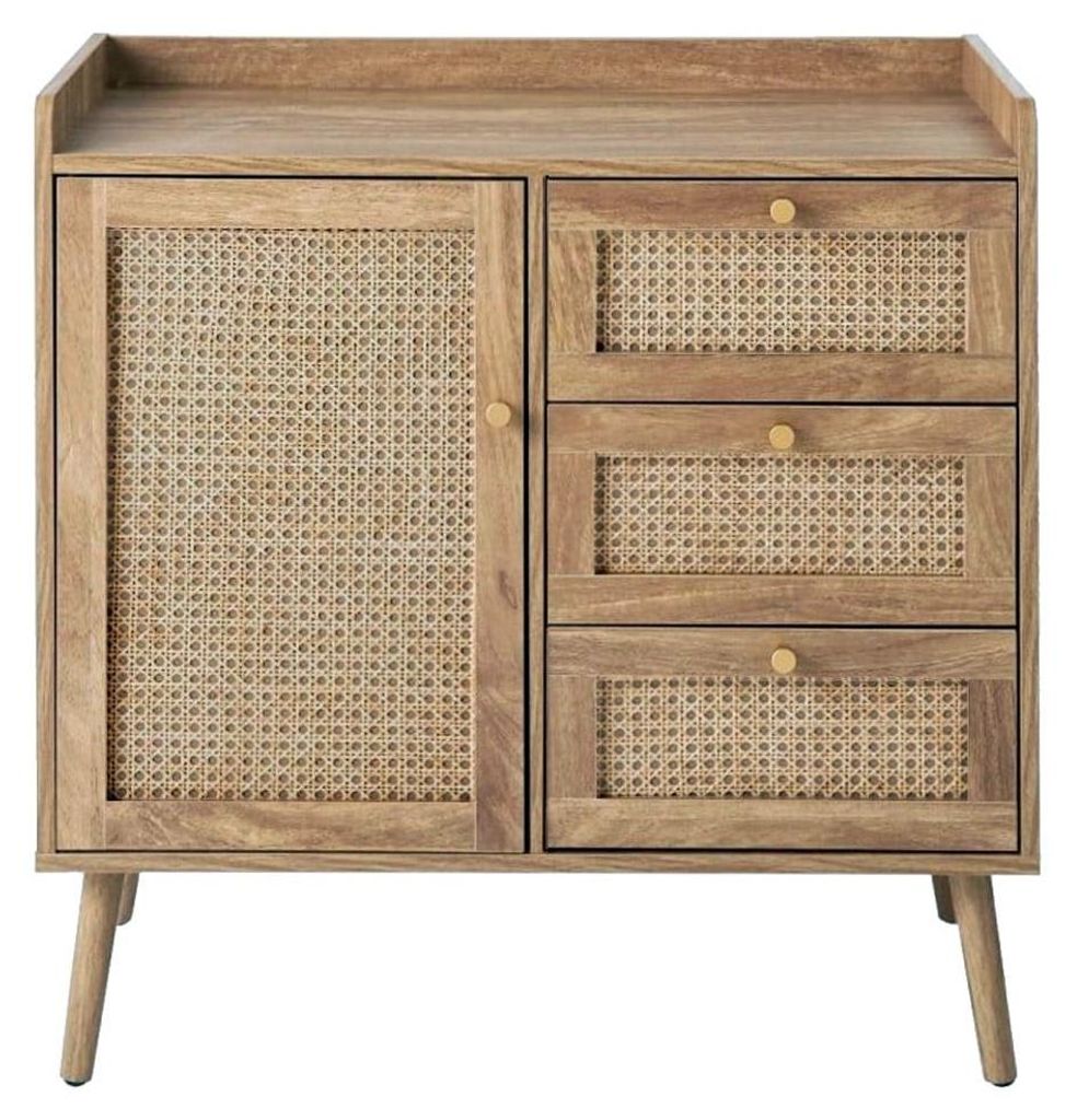 CALICOSY - Commode 1 porte 3 tiroirs avec façades en rotin Image du produit 