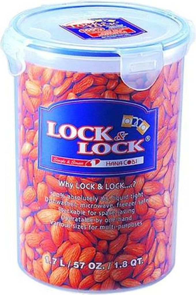 A transparent Lock & Lock food storage container filled with almonds.