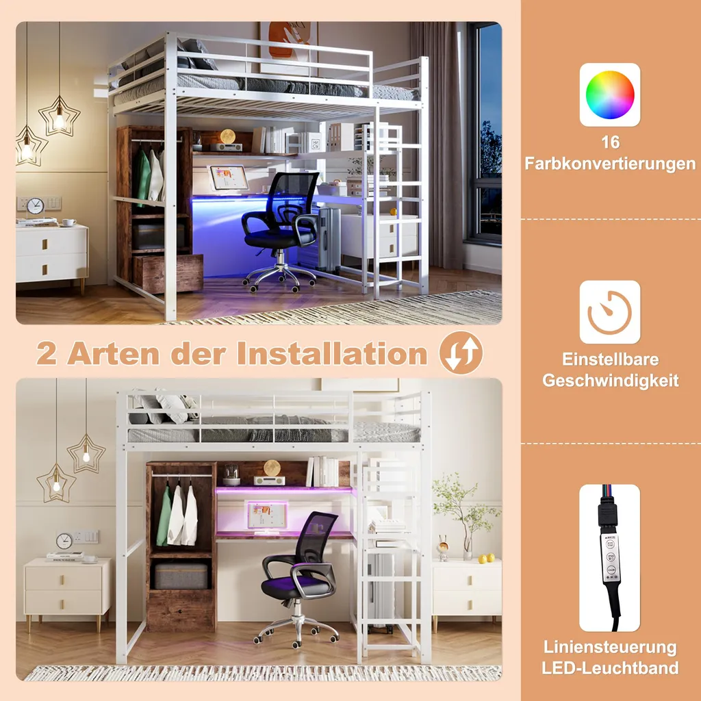 Lit Combiné 140x200 pour Gain de Place avec Bureau et Rangement - 6