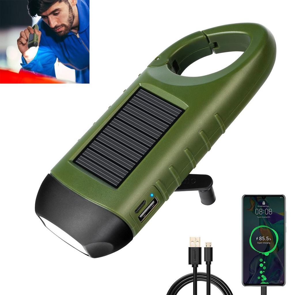 LED Taschenlampe Mit Kurbel Und Solarpanel - USB Aufladbar, Klein Mit Wandern Schnalle, Für Outdoor/Camping/Stromausfall/Notfall