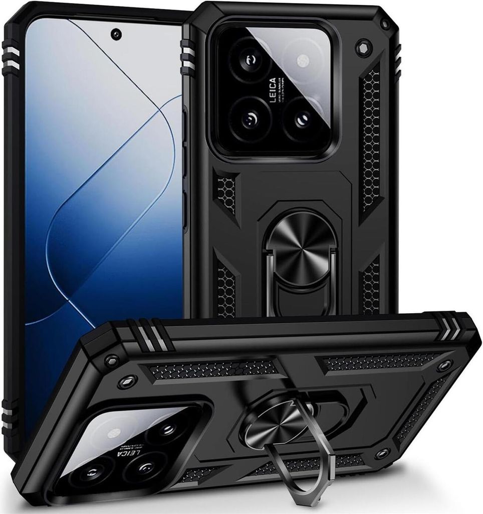 Conie Outdoor Schutzhülle für Xiaomi 14T Tasche Silikon Hard Case Cover Hülle mit Halter Ständer in Schwarz