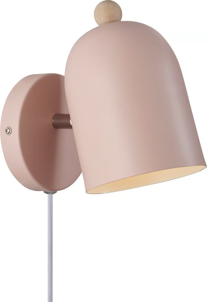 A pink wall lamp with a wooden accent.