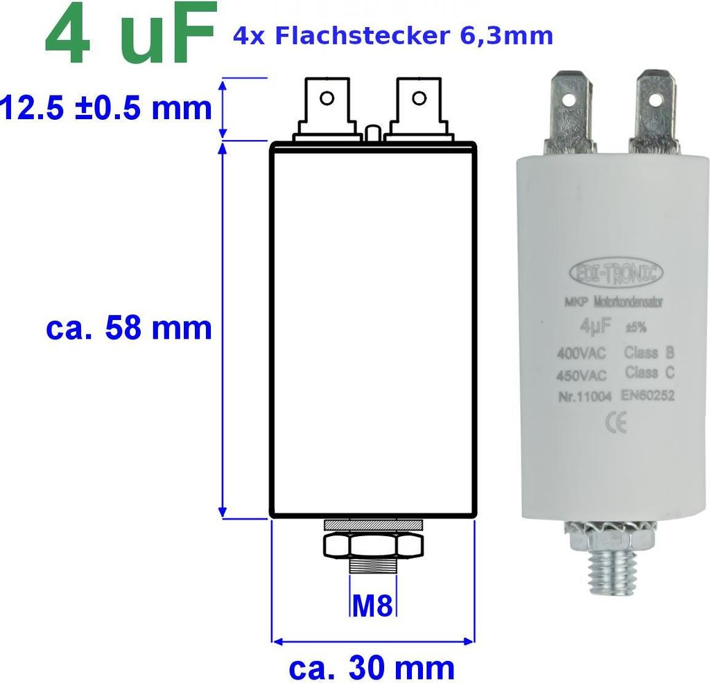 Motorkondensator 4,0µF, 4 uF, Anlaufkondensator, Kondensator 450V mit Kabel