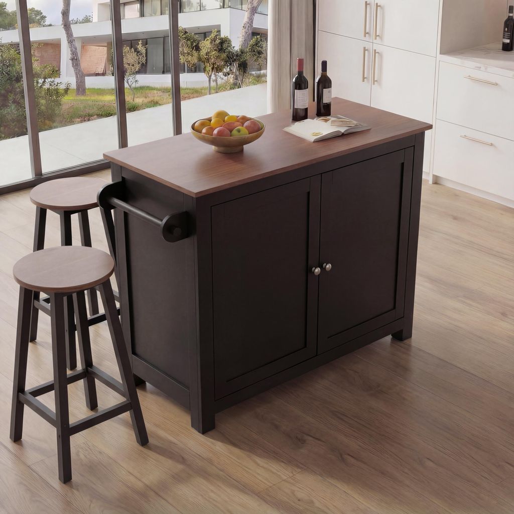 Kücheninsel MCW-P61 mit 2 Sitzhockern, Küchenschrank Schublade Staufächer MDF 90x120x45cm schwarz, dunkles Holz