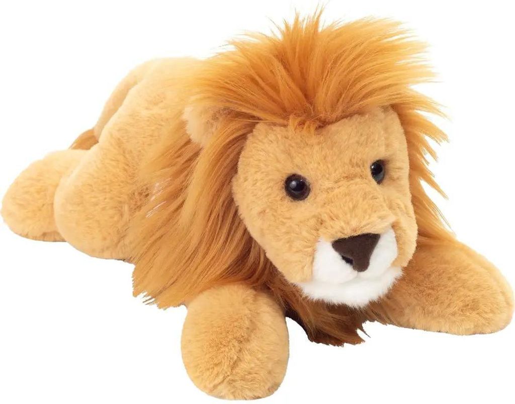 A plush toy lion lying down on a white background.