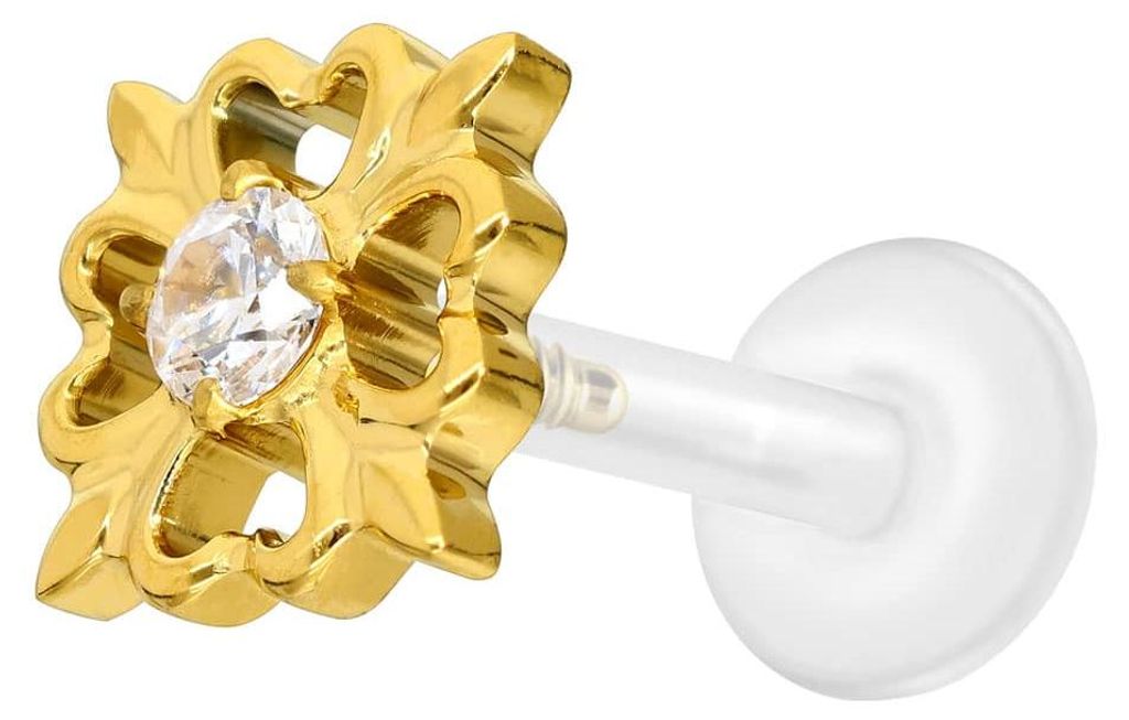 Ohrpiercing, Nasenpiercing PTFE Labret mit Innengewinde + Titan-Aufsatz KLEEBLATT Gold Stablänge: 8mm | Stabstärke: 1,2mm