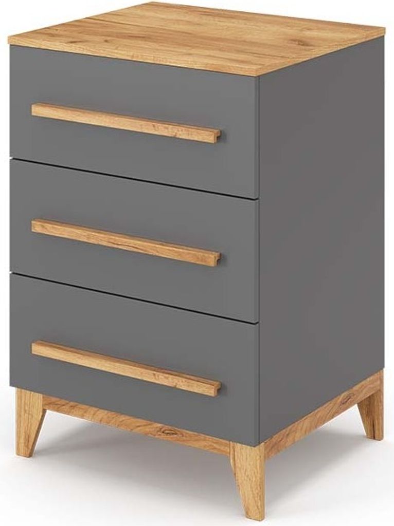 A three-drawer nightstand with a gray body and wooden accents.