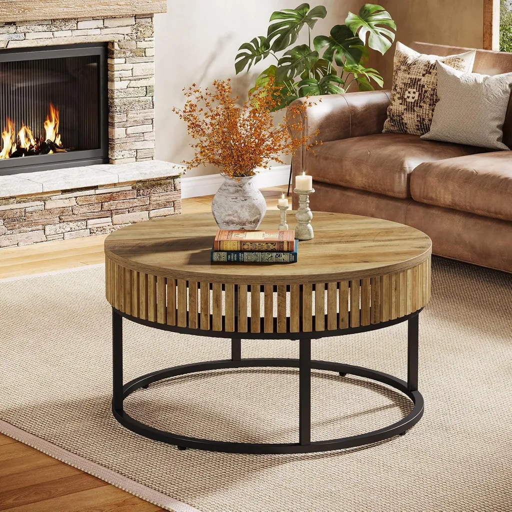 Tribesigns Table basse ronde 80 cm en bois marron clair style industriel - 2