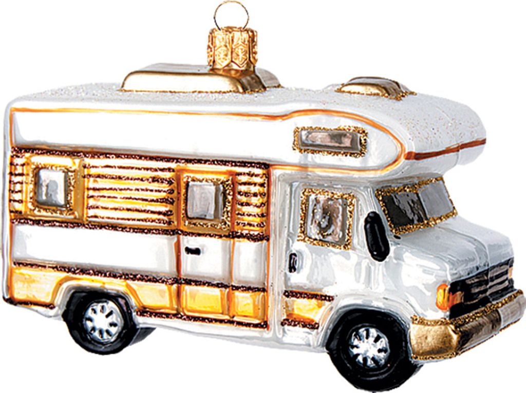 Christbaumschmuck Glas Wohnwagen 11cm weiß / gold Produktbild 