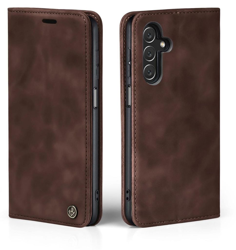 Two views of a brown leather flip phone case for a Samsung Galaxy A15 / A15 5G.
