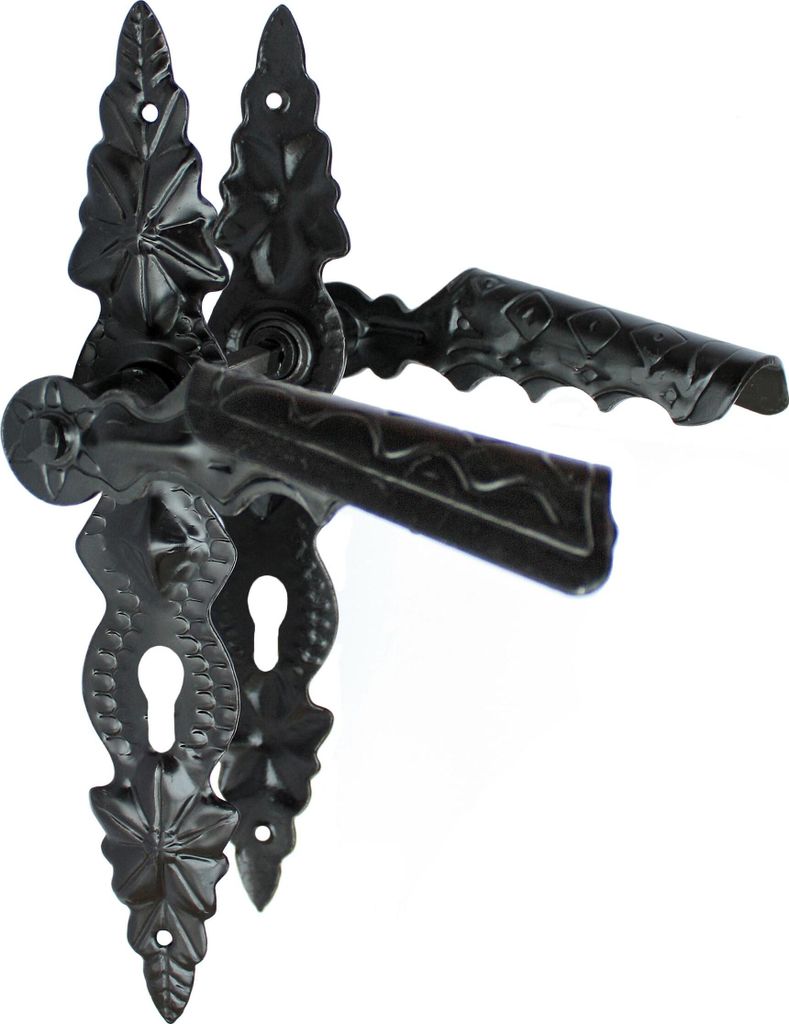 A black metal door handle set with ornate detailing.