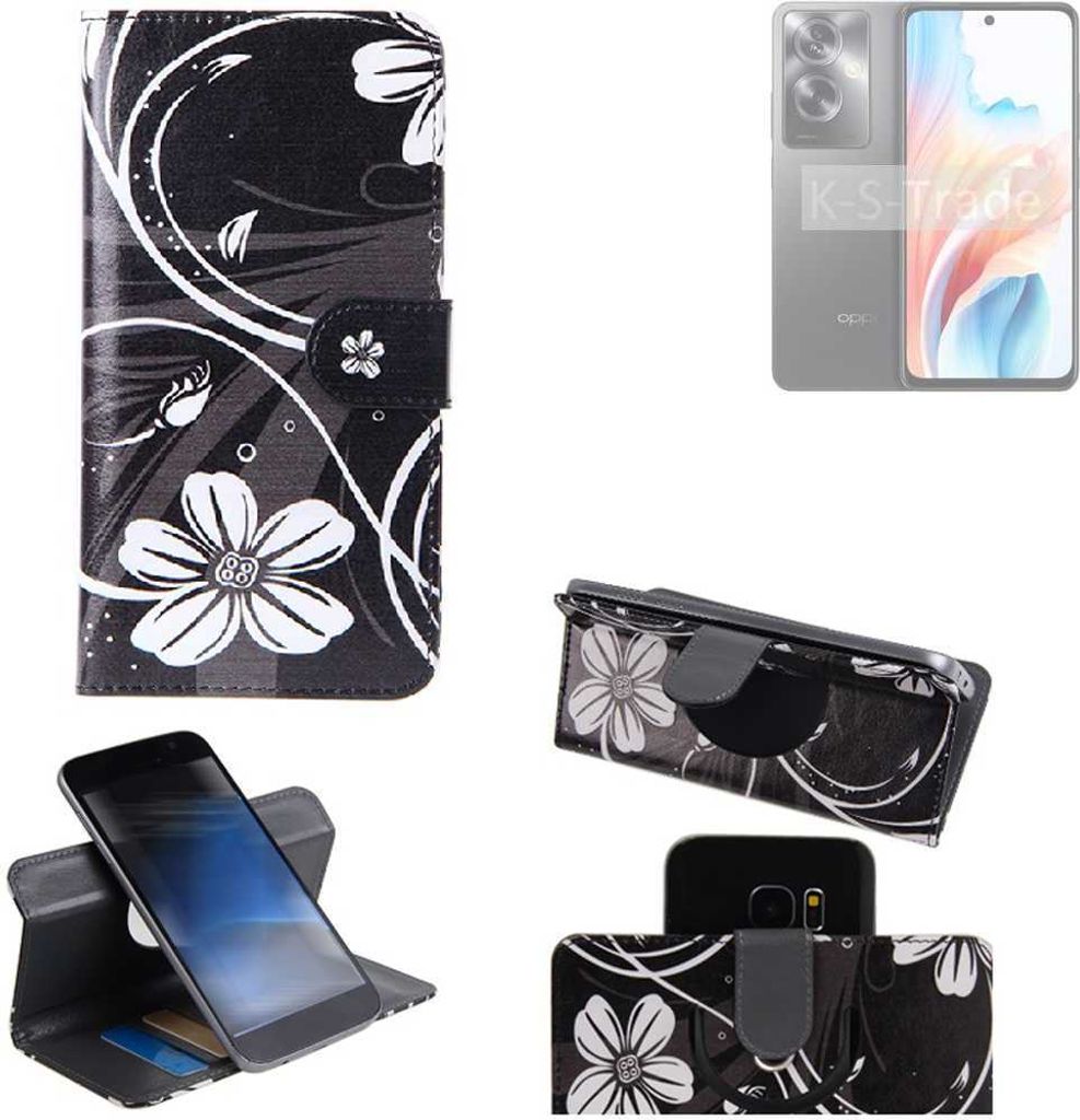 K-S-Trade Schutzhülle Handyhülle kompatibel mit Oppo A2 Hülle 360° Wallet Case “Flowers“ Klapphülle Hülle schwarz-weiß 1x