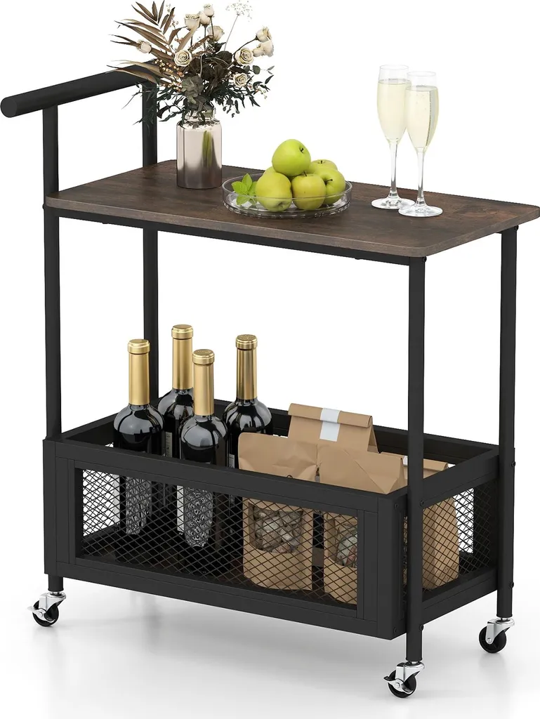Table de salon mobile COSTWAY, desserte avec panier et roulettes, marron