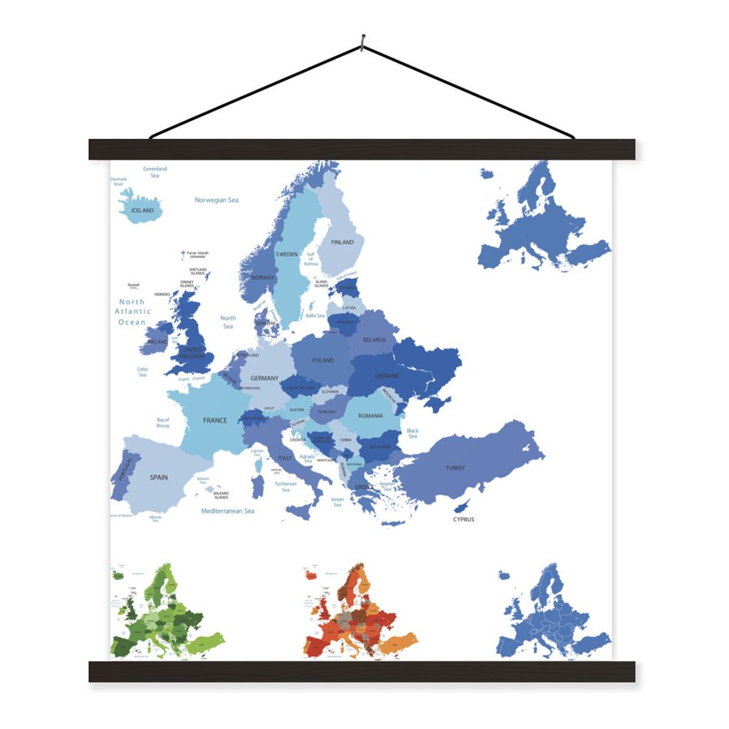 MuchoWow Textilposter Karte - Europa - Blau 120x120 cm mit schwarzem Rahmen - Aufhängungsset