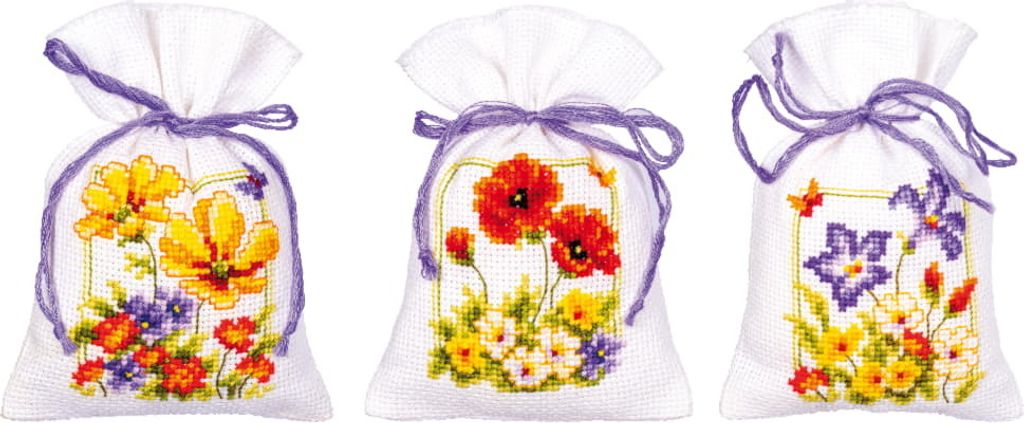 Vervaco Kräutertütchen Kreuzstich Set "Sommerblumen 3er Set", Zählmuster, 8x12cm