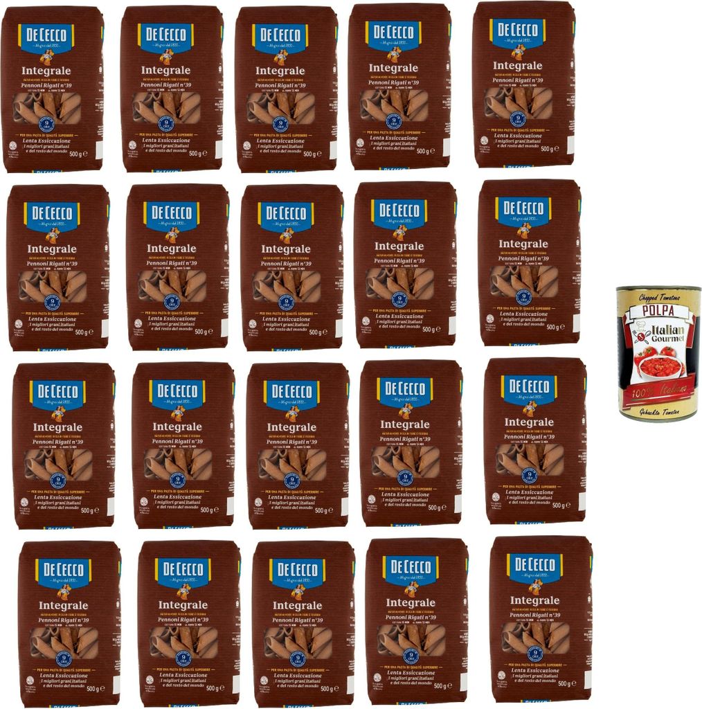 De Cecco Integrale Pennoni rigati N° 39, Pasta integrale, Vollkornnudeln, 20x 500g + Italian Gourmet polpa 400g