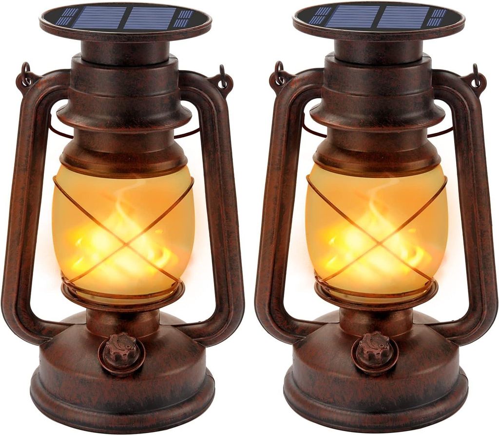 Vintage Solar Laterne, 2 Stück Solarlaterne für Draußen Hängende Gartenleuchten Retro Design Sturmleuchte Wasserdicht LED Solarleuchte mit Flam...