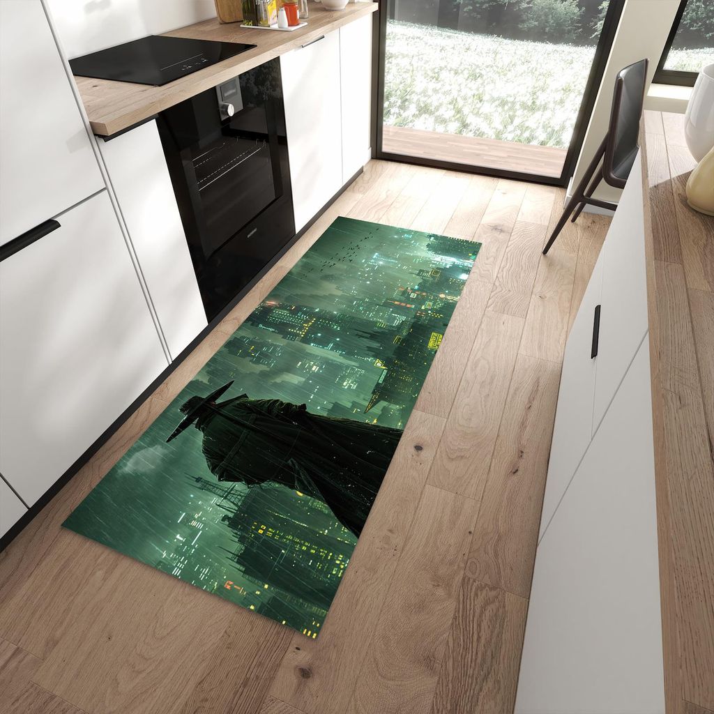 Küchenteppich 80x200cm rutschfest & abwischbar PVC Läufer - Stadt in Regen