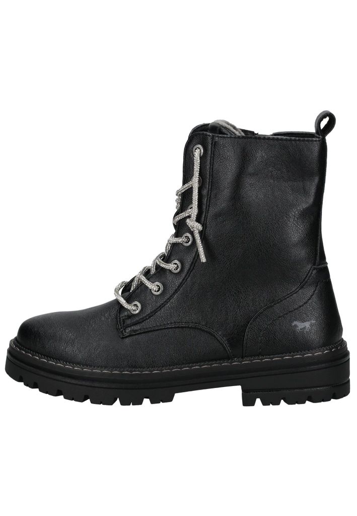 A black lace-up boot is shown from the side against a white background.