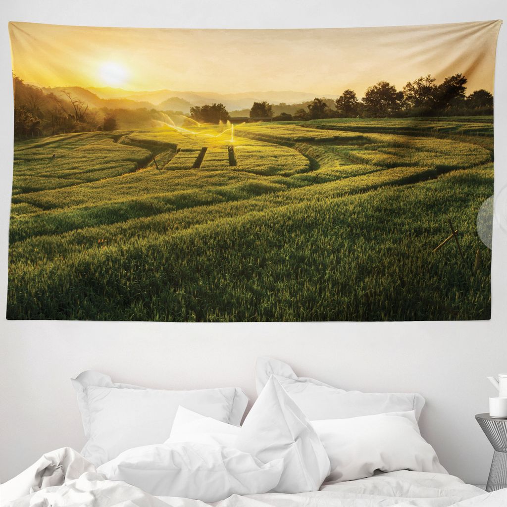 ABAKUHAUS Natur Wandteppich, Barley Woods Sonnenuntergang aus Weiches Mikrofaser Stoff Waschbar ohne Verblassen Digitaldruck, 230 x 140 cm, Grün Gelb