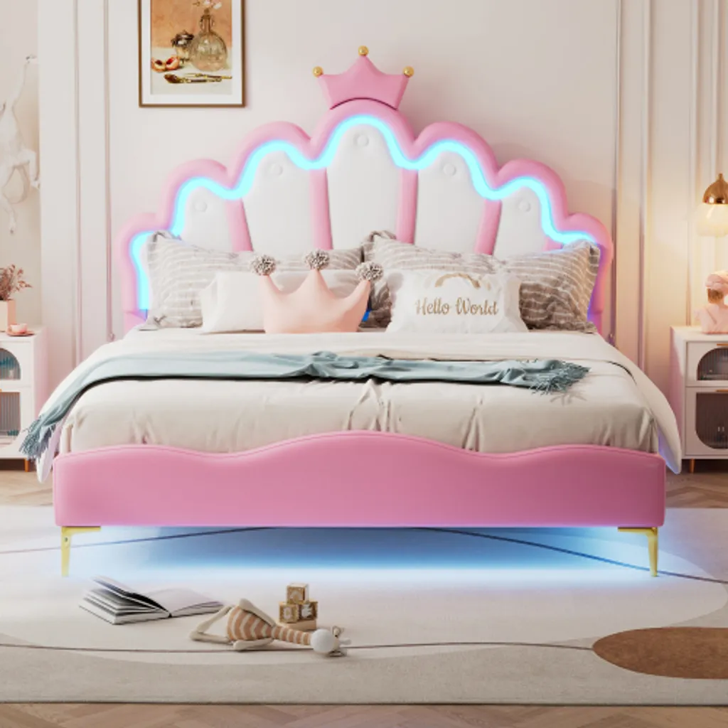 AIORBER Lit rembourré 140x200 cm Design Couronne et Nuage LED Rose