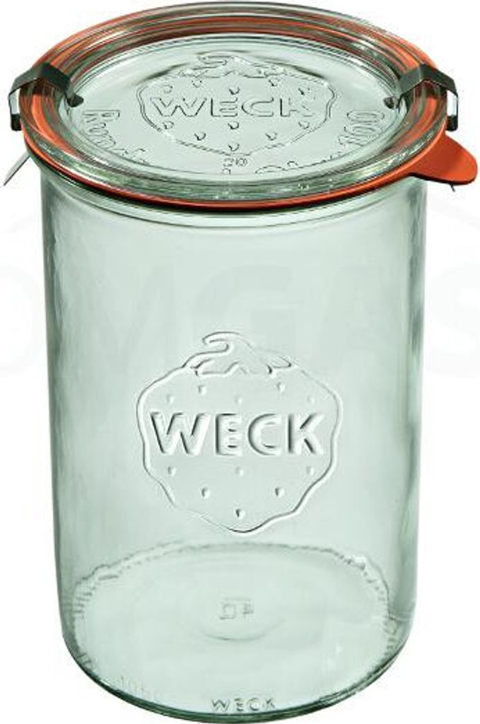 A clear glass jar with an orange rubber seal and metal clasps.