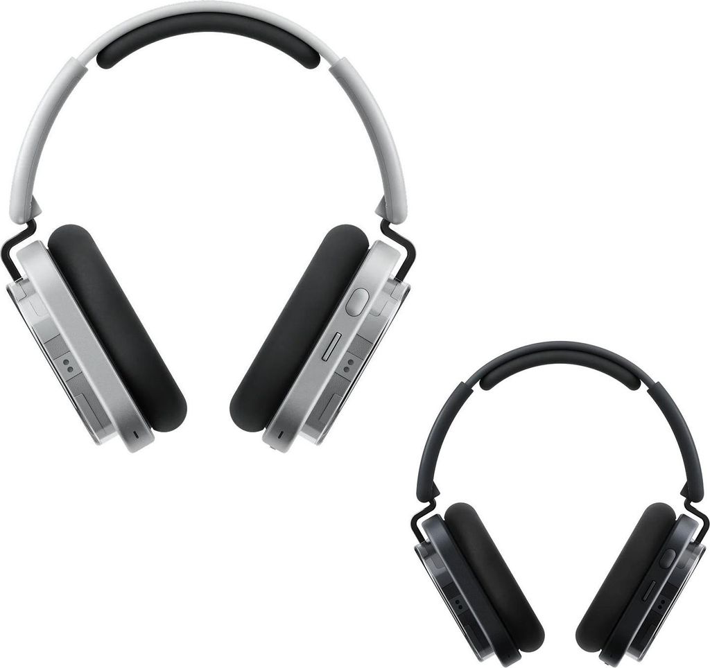 Two pairs of headphones are shown against a white background. One pair is white and silver, and the other is black.
