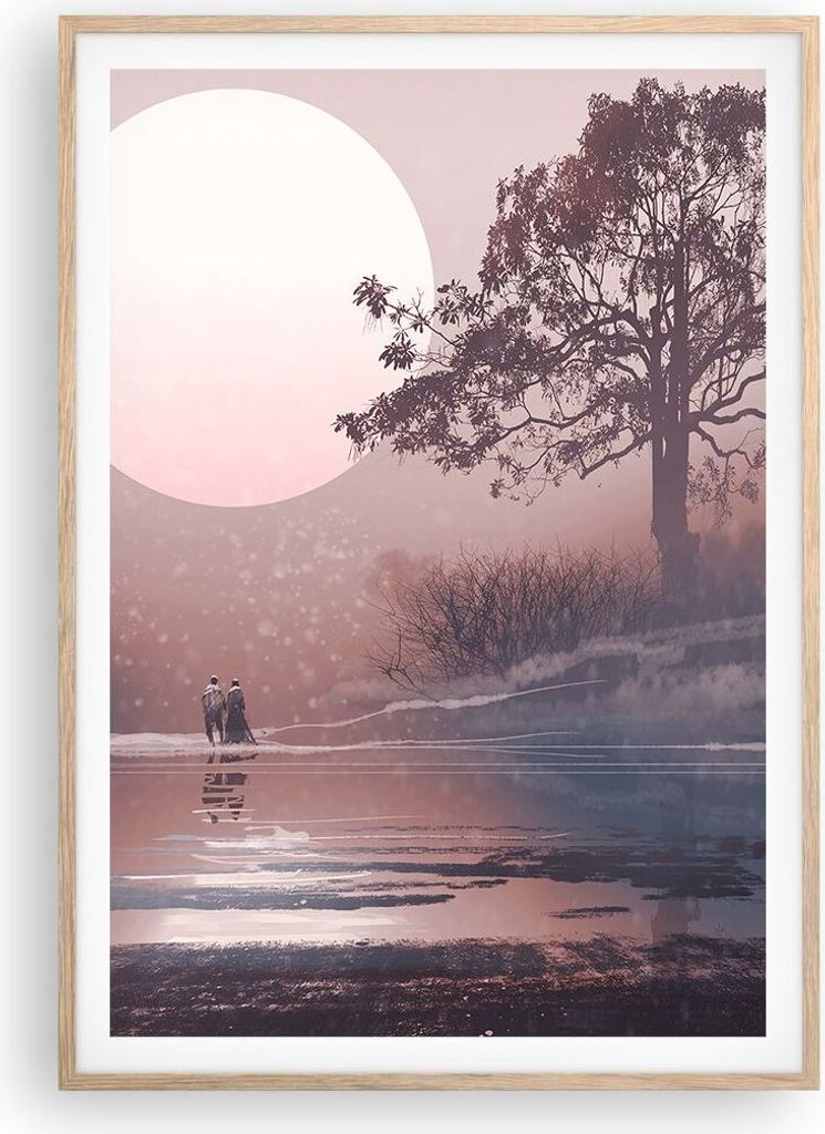 Gerahmtes Poster - Rahmen in heller Eiche - Mond Paar Baum - 70x100 cm - Wand Bild - Wanddeko - Wandbilder - Kunstposter - Wandposter - Bilderrahme...