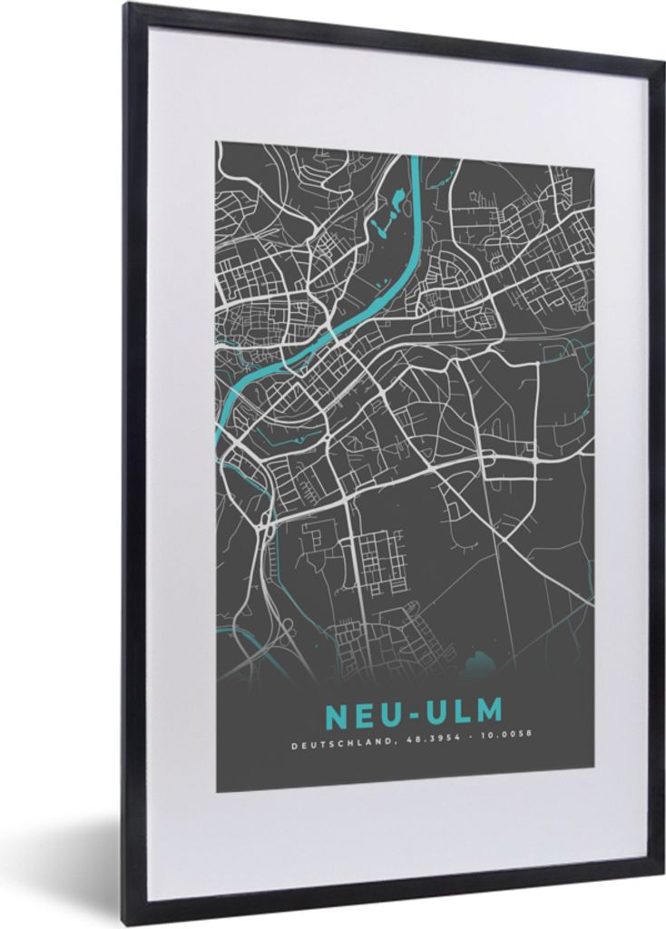 MuchoWow Gerahmtes Poster Stadtplan - Neu Ulm- Blau - Stadtplan - Deutschland 40x60 cm - Poster mit Schwarzem Bilderrahmen Wandposter Rahmen Foto...