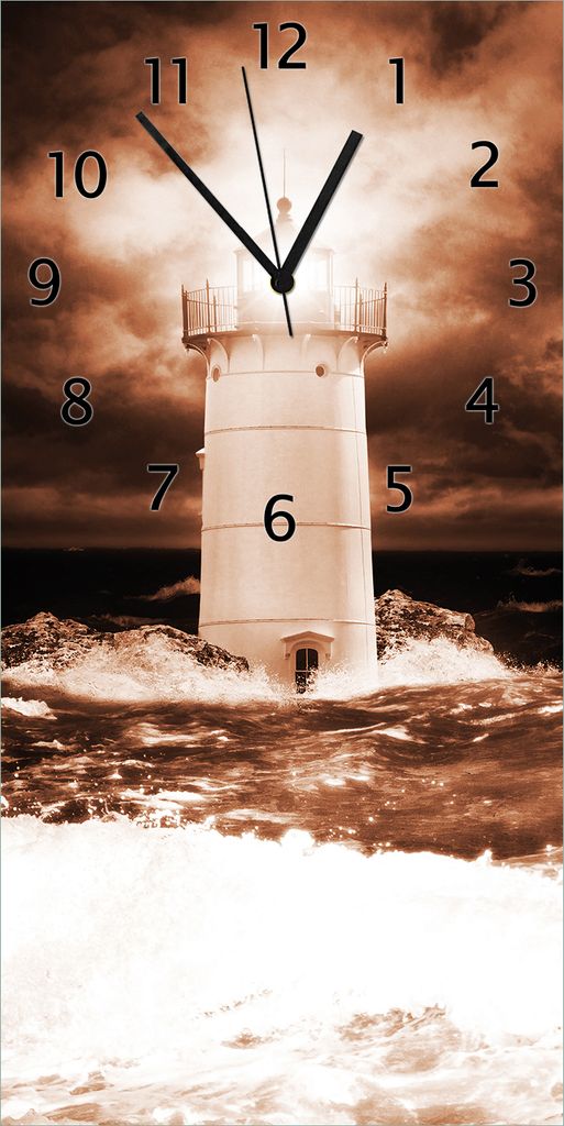 Wallario Design Wanduhr Abstrakter Leuchtturm im Wasser bei stürmischer See aus Echtglas, Größe 30 x 60 cm