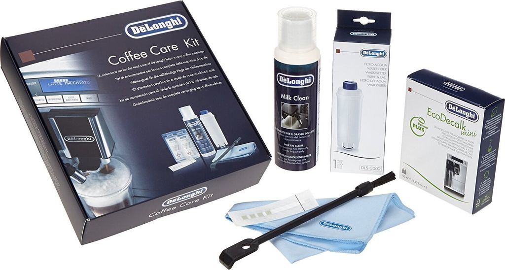A collection of DeLonghi coffee machine cleaning and maintenance products.