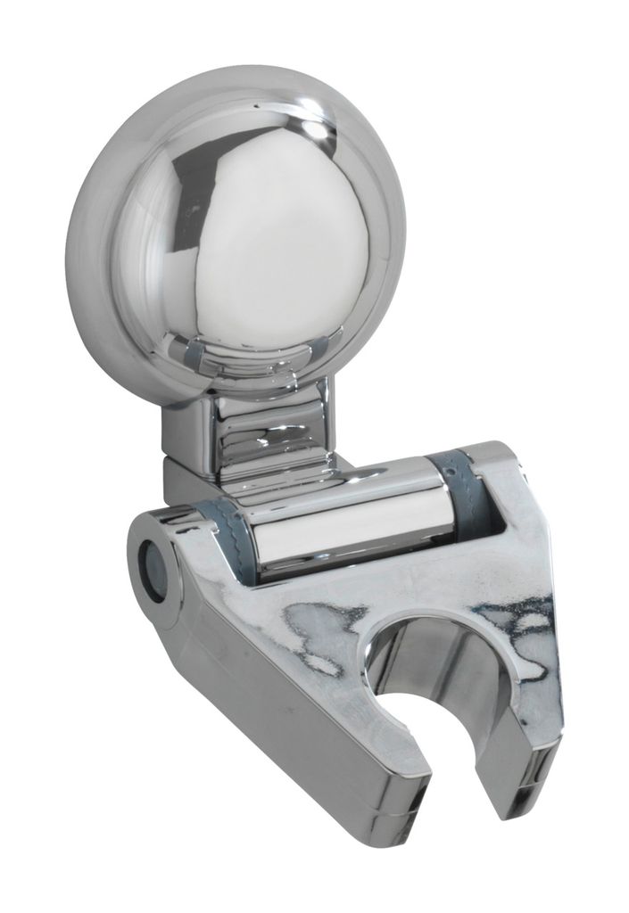 A chrome-plated shower head holder.