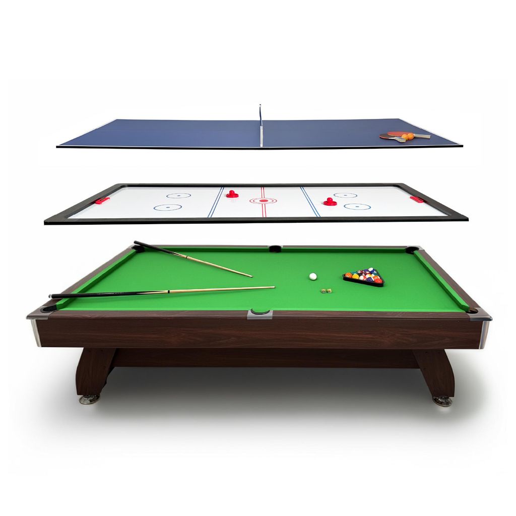 THUNDER Billardtisch | BOLD-BROWN-9FT-HOCEKY-PING | 9FT | Mit Becken- & Tischtennisplatte | Stabil & Langlebig | Komplettset | MDF Konstruktion
