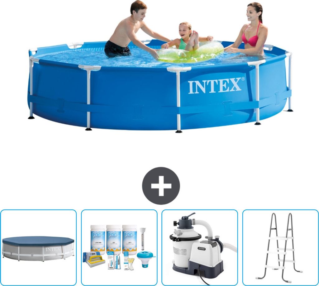 Intex-Schwimmbecken mit rundem Rahmen – 305 x 76 cm – Blau – im Lieferumfang enthalten Abdeckung - Wartungspaket - Filterpumpe für Schwimmba...