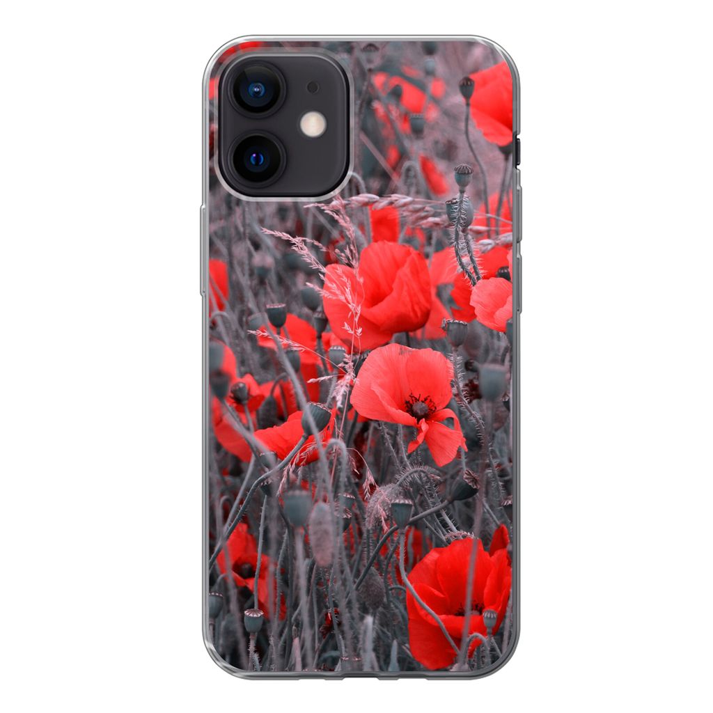 MuchoWow Handyhülle Schutzhülle Hülle für iPhone 12 Rote Mohnblumen in einem Schwarz-Weiß-Bild Silikon Softcase Handy Hülle - Schutzhülle