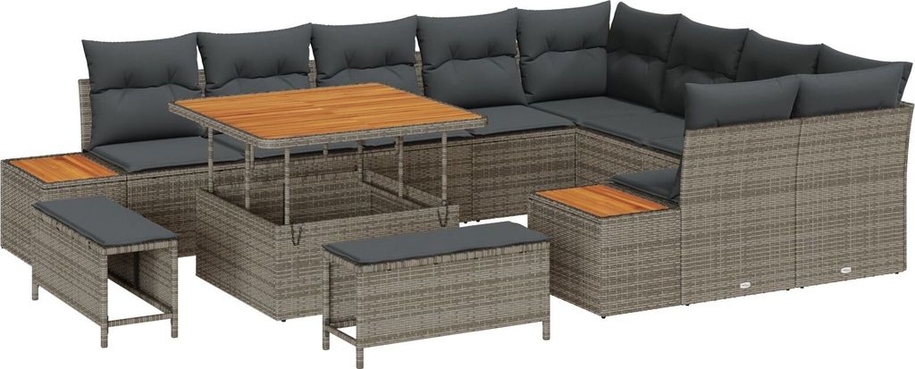 Langlebige 12-teiliges Garten Sofa Set mit Kissen Grau Poly Rattan Akazie, 3-teiliges Garten Esstisch Set mit Kissen Grau Poly Rattan Akazie - Gart...