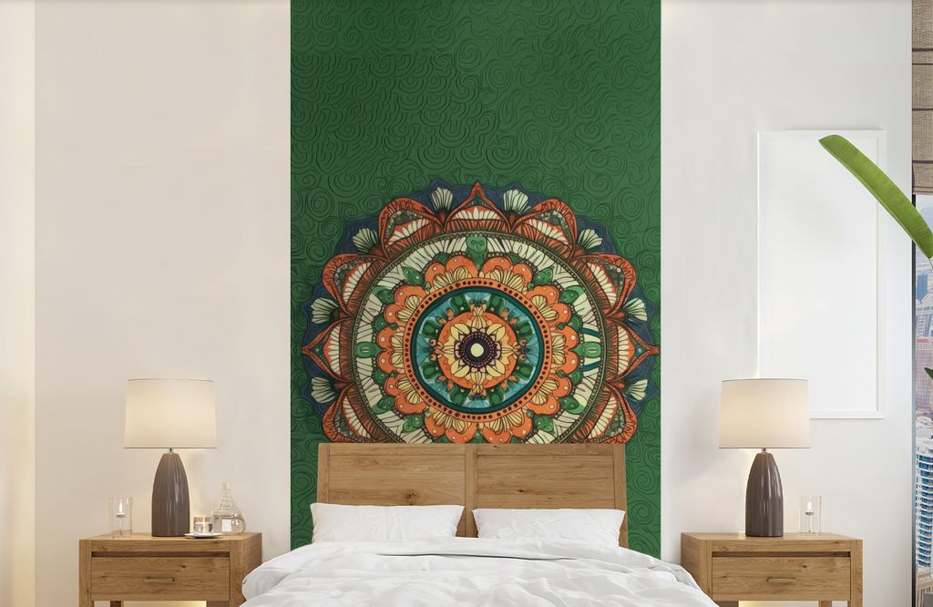 MuchoWow Fototapete für Wohnzimmer oder Schlafzimmer Wandtapete Vinyl Motivtapete Mandala - Hippie - Blumen - Orange - 120x240 cm - Hintergrundbild