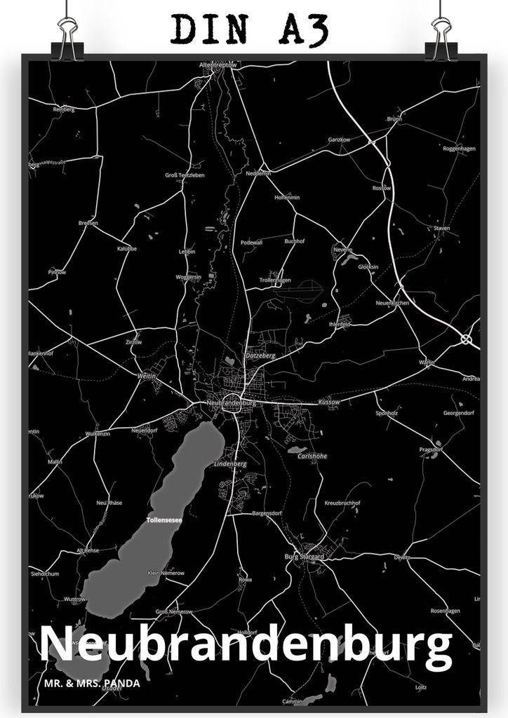Mr. & Mrs. Panda Bild Neubrandenburg DIN A3 - Geschenk, Kunstdruck, Plakat, Wanddekoration, Stadt, drucke, Dorf Karte Landkarte Map Stadtplan, Wand...