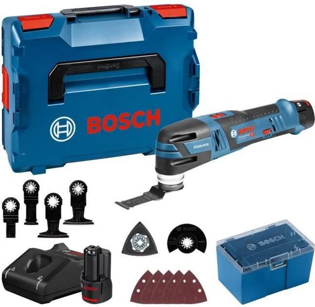 Bosch Professional GOP 12V-28 Akku-Multifunktionswerkzeug, 2 x 3,0Ah Akkus, Starlock, inkl. Zubehör, L-BOXX