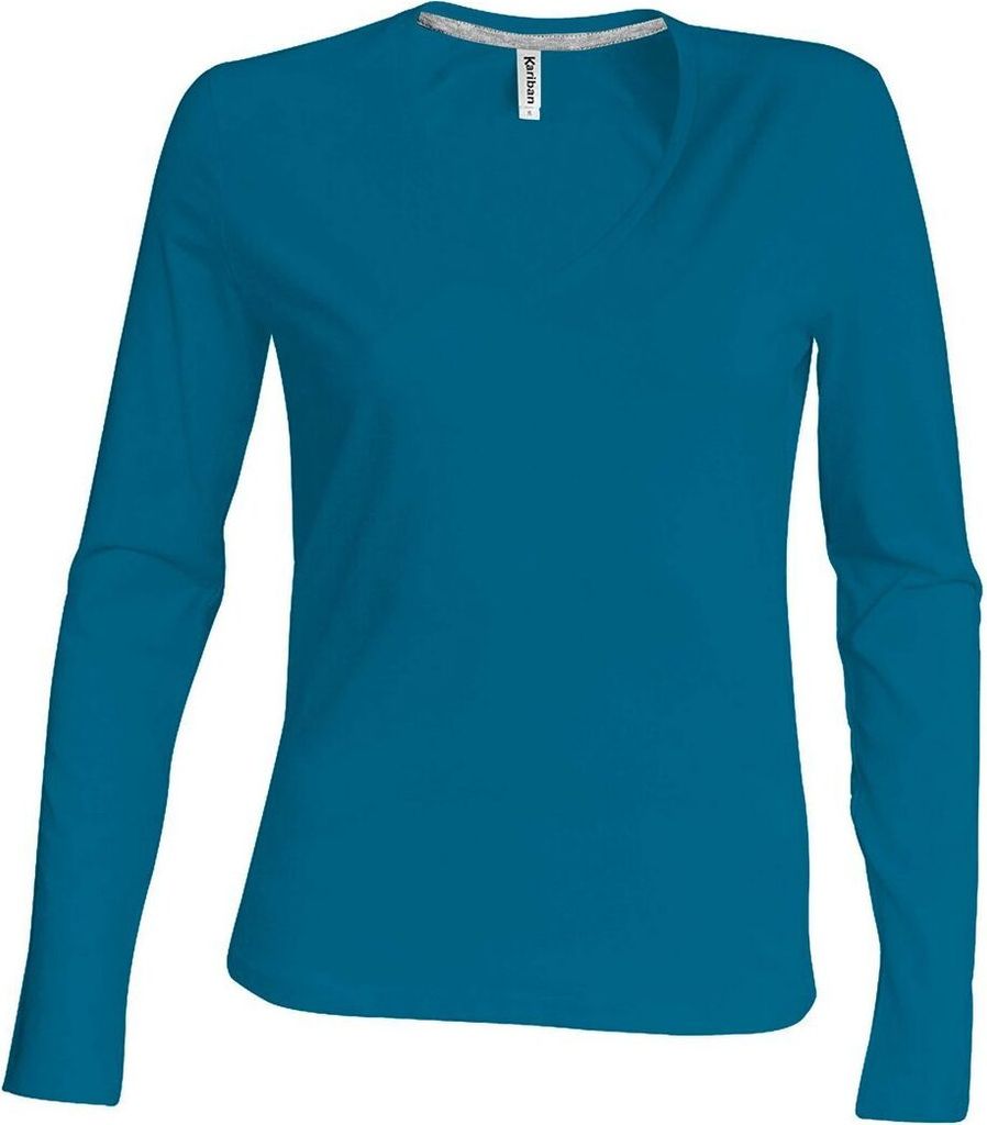 Kariban Damen Langarmshirt V-Neck Bluse Shirt Oberteil Langarm Shirt, Größe:2XL, Farbe:Tropical Blue