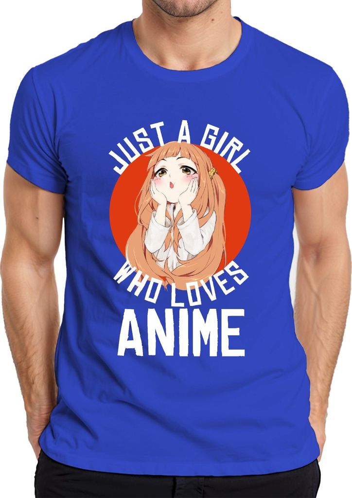 JUST A GIRL WHO LOVES ANIME Anime Mädchen Otaku Manga Kawaii Fan Herren T-Shirt, Blau, L