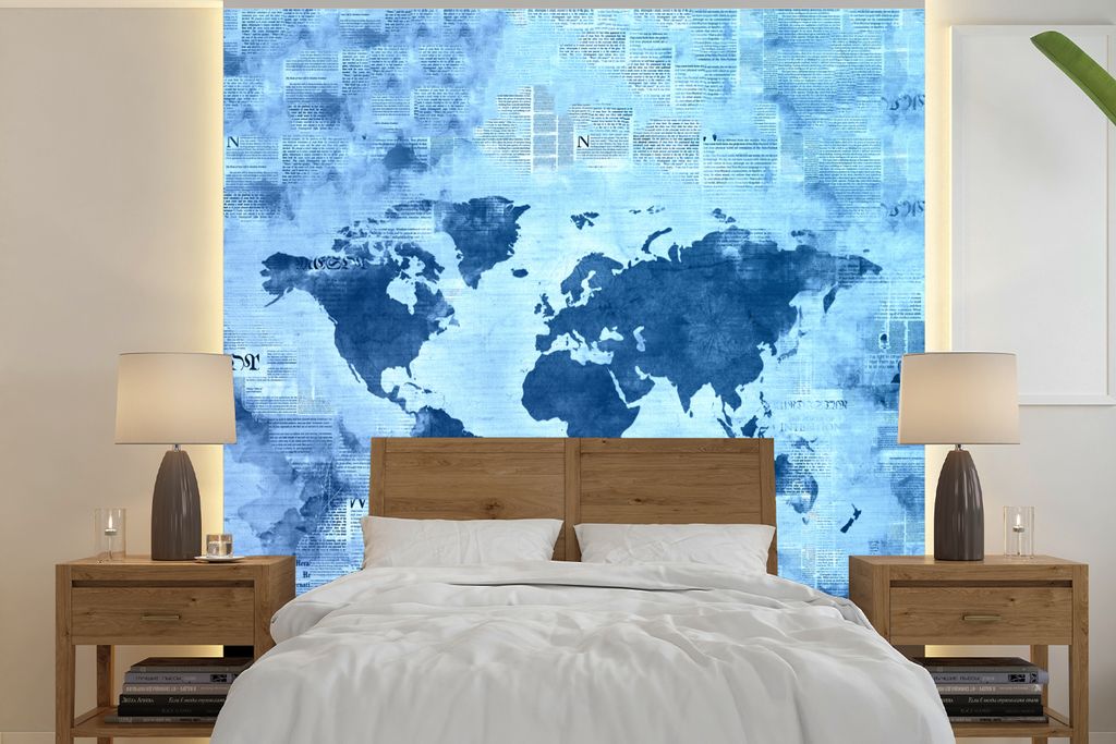 MuchoWow Fototapete für Wohnzimmer oder Schlafzimmer Wandtapete Vinyl Motivtapete Weltkarte - Abstrakt - Blau - 280x280 cm - Hintergrundbild