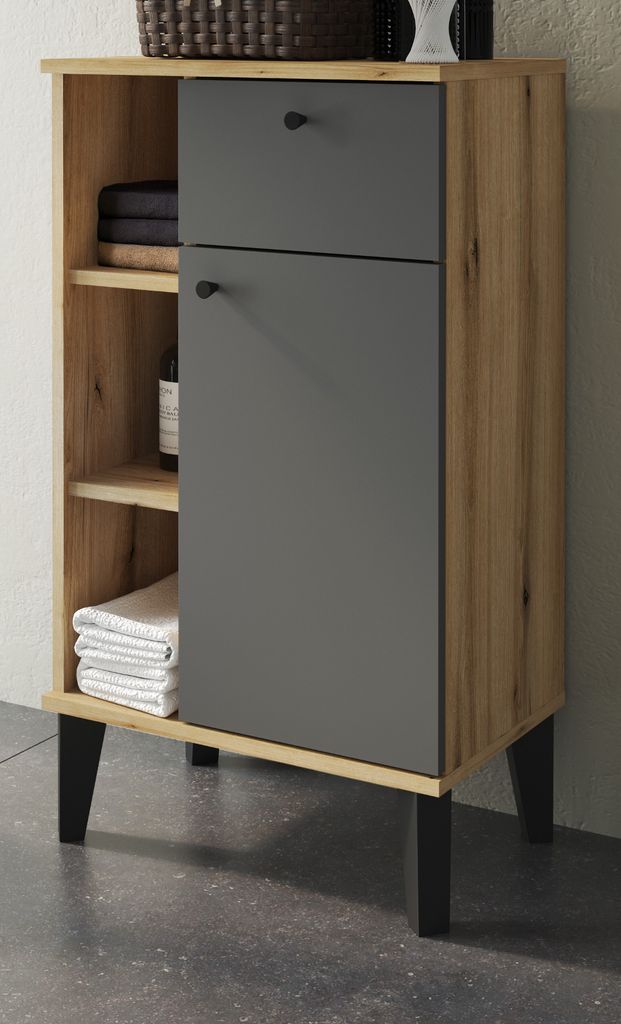 Badkommode Torsby, Badschrank in Eiche mit grau, 51 x 90 cm, mit 5 Fächern