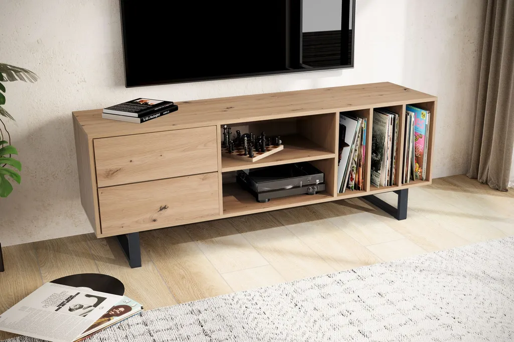 Banc TV salon chêne 150 cm table de télévision moderne avec rangements bois